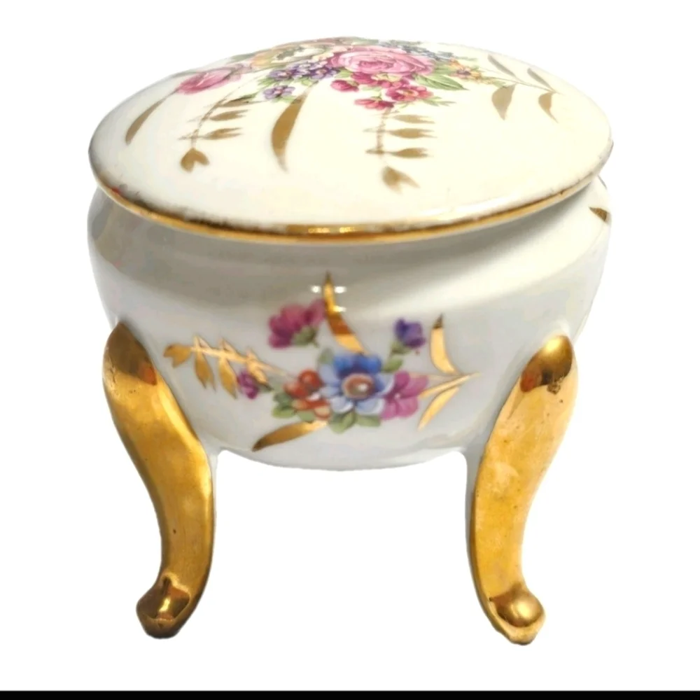 LIMOGES  FRANCE  EGG SHAPE FLORAL HANDPAINTED FOOTED WHITE VINTAGE TRINKET BOX